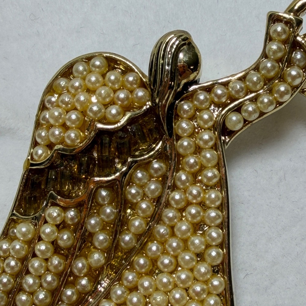 VTG Signed Liz Claiborne Gold Tone Angel Brooch‎ w/ Dangling Star Rhinestone - Picture 4 of 12